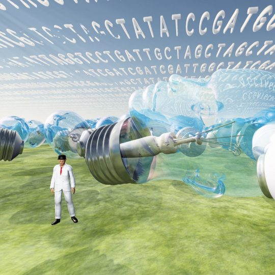 Genetic letters clouds and tiny man with large human head shaped light bulbs.